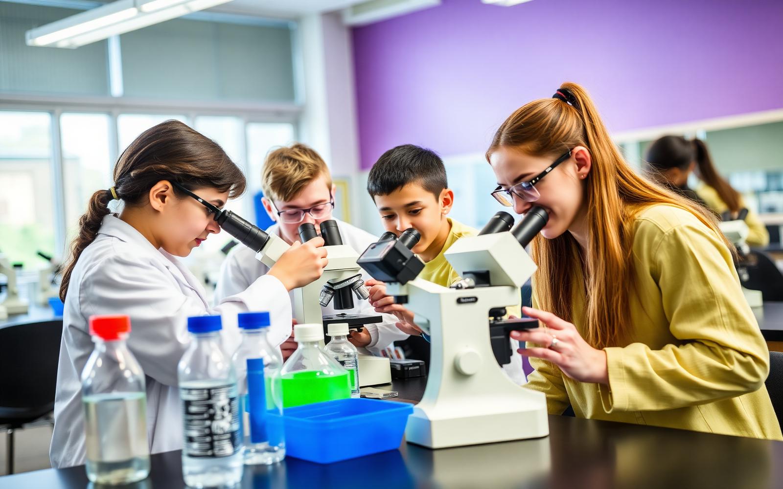 Students working with microscopes in a science lab